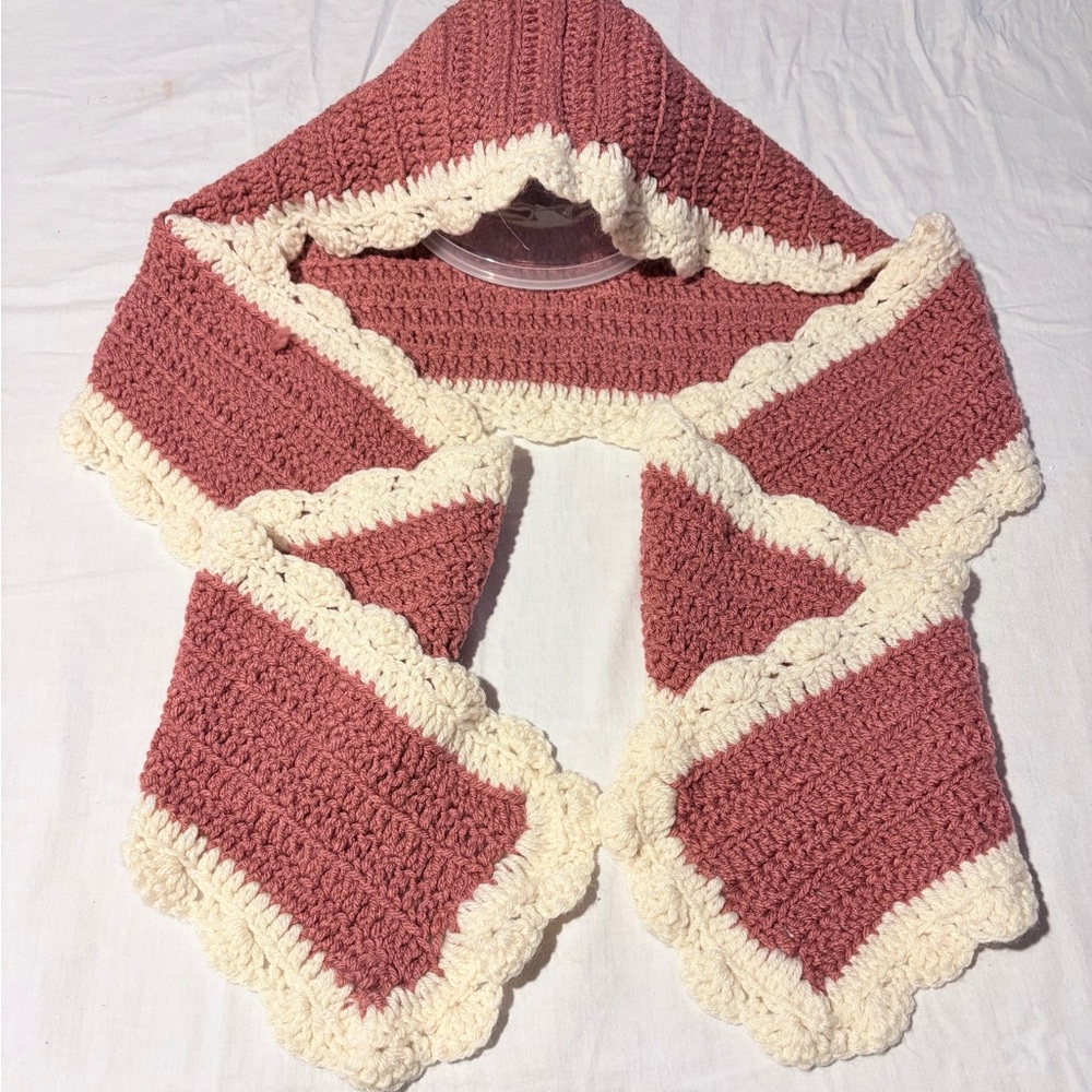 Handcrafted Dirty Rose/ Mauve and Cream colored Crochet Scarf/Hoodie “Scoodie” !